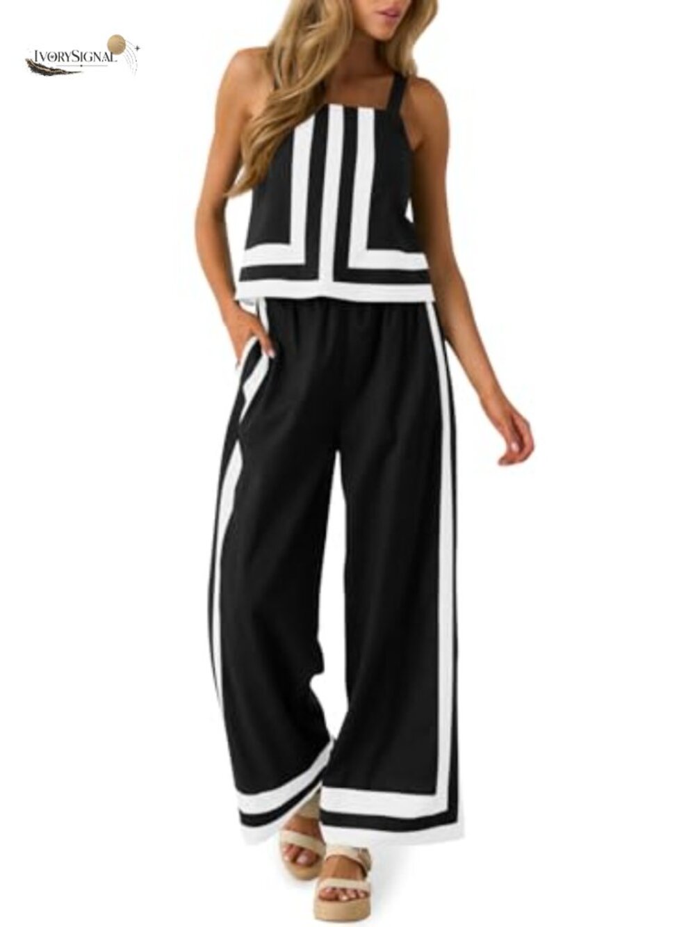 2 Piece Lounge Set Cami Top Wide Leg Pants Relaxed Fit 100% Polyester Pull-On
